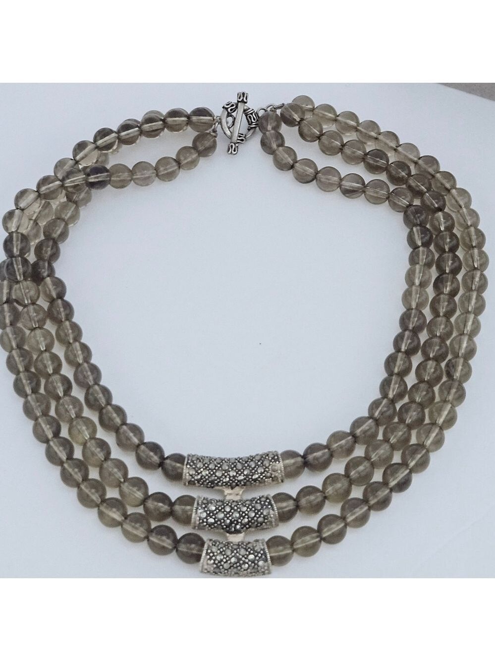 Vintage Triple Strand Natural Smoky Quartz .925 Sterling Silver Necklace - Picture 3 of 7